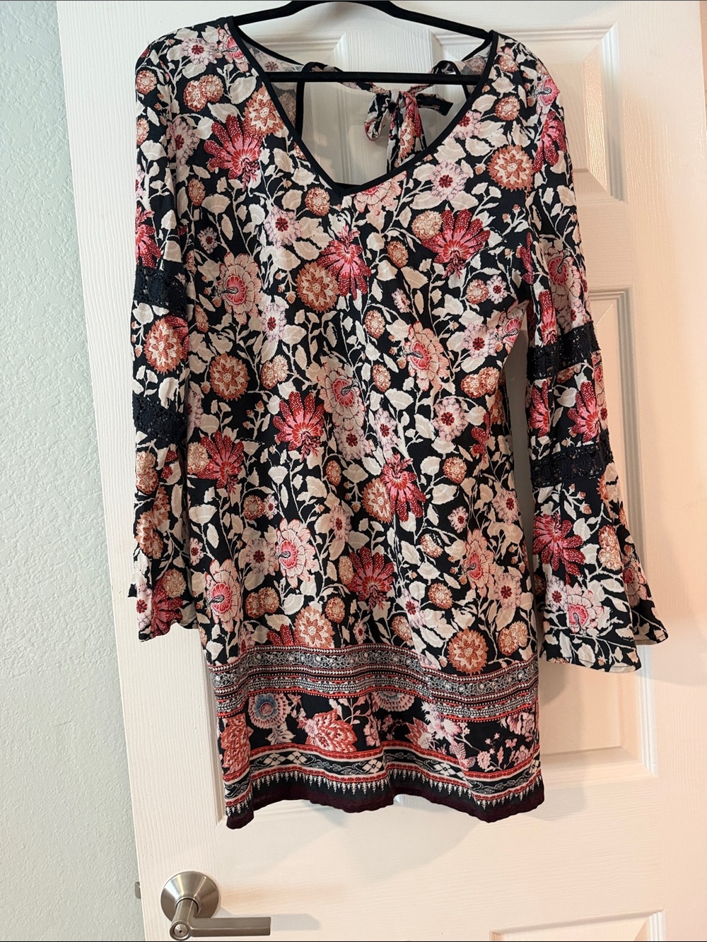 Xhilaration Black Floral Tie-Back Mini Dress with Pink and Cream Flowers
